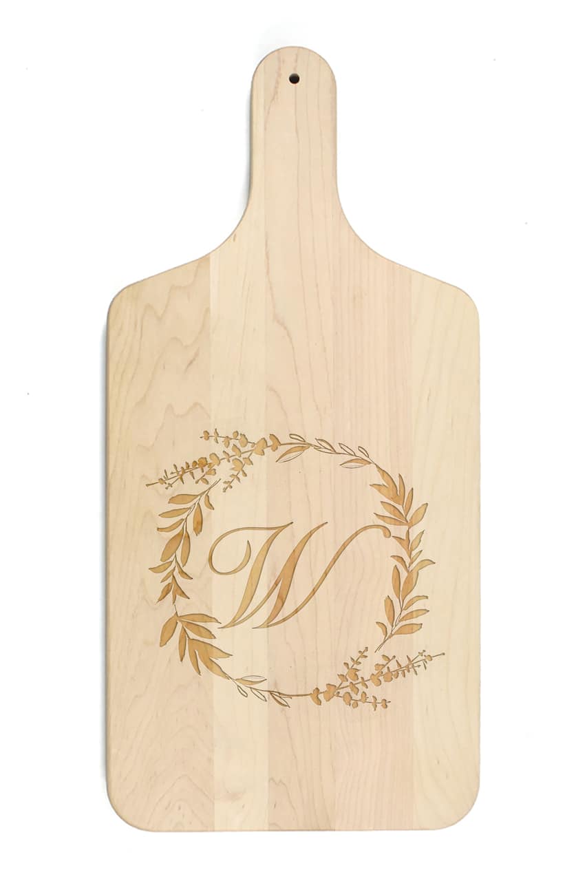 Floral Wreath Monogram Maple Paddle Cutting Board